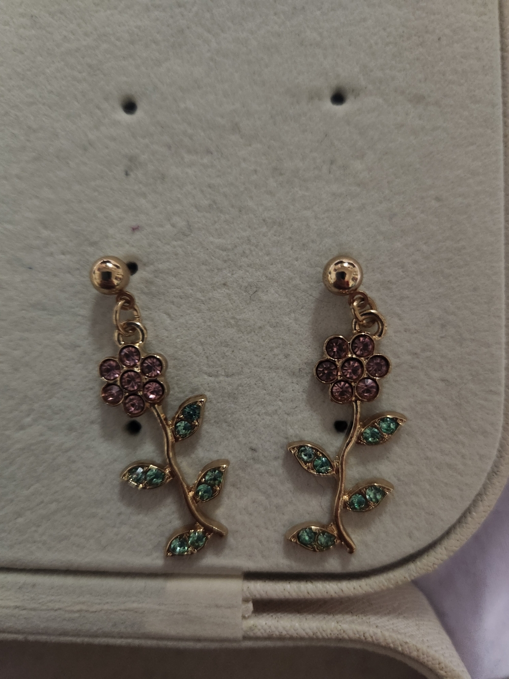 Source Unknown Gold-Tone Floral Drop Earrings with Pink and Green Stones